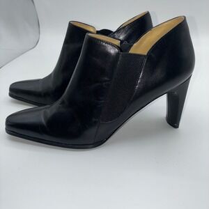 Bellini Black Leather Pointed Toe Ankle Boots Block Heel Womens 6.5M Career Chic